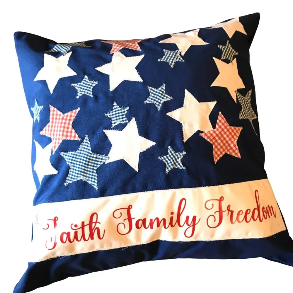Patriotic Pillow Cover, Patchwork Stars Faith Family Freedom Applique 18 x 18